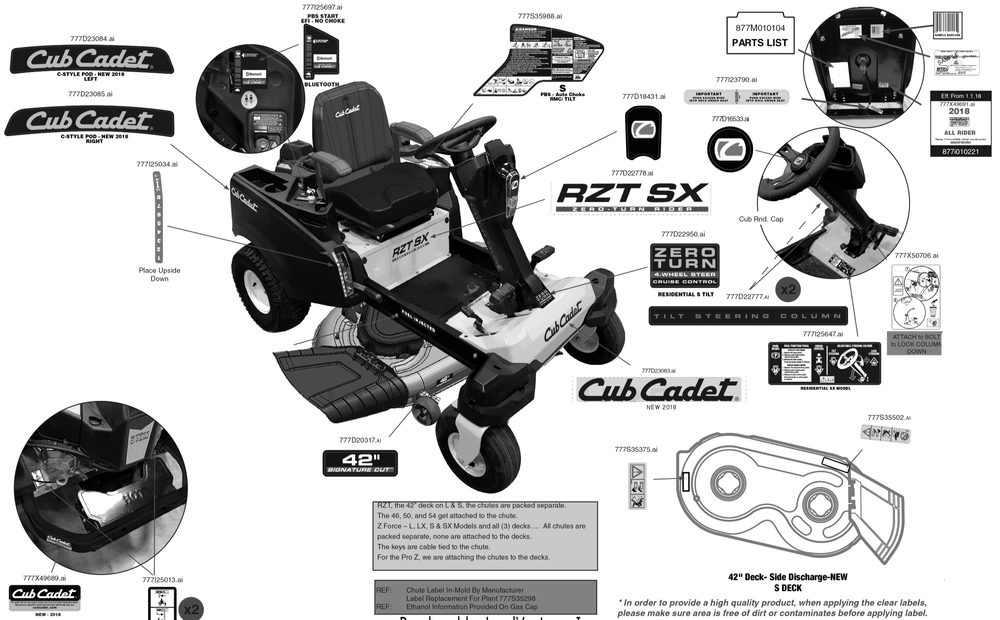 Label Map Diagram and Parts List for RZT-SX42KH (17ARCBYS056)(2018) Cub Cadet Lawn Tractor